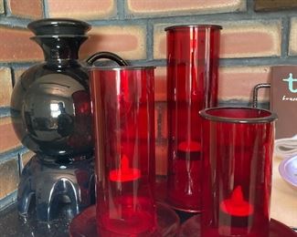 Set of Three Red Glass Candle/Votive Holders