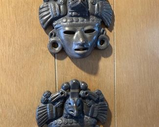 Two Wall Mount Aztec Folk Art Pottery Mask