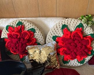 Two Crocheted Pillows with Poinsettia Design