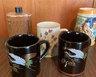 Pair of Ceramic Mugs with Asian Flying Stork Design