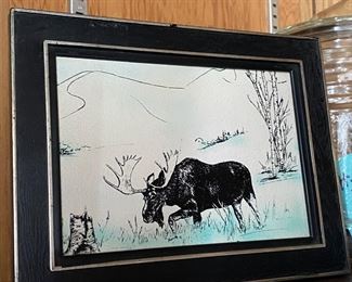 Matted Pen Rendering of Moose in Field
