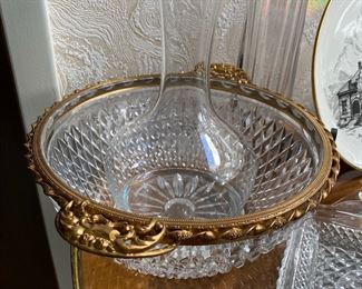 Crystal Hobnail Serving Bowl with Gold Accents, Glass Decanter