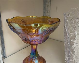 Indiana Marigold Harvest Grape Carnival Glass Pedestal Candy Dish