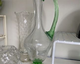 Clear Glass Pitcher Green Swirl Handle with Footed Base