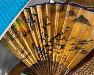 Gold Asian Theme Painted Hand Fan