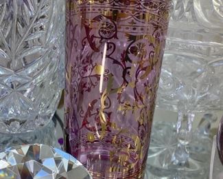 Purple Drinking Glass with Gold Rim and Gold Design