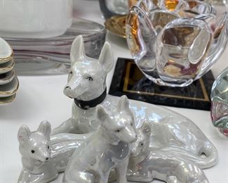 Set of Four White German Shepard Dogs Porcelain Lusterware Figurines