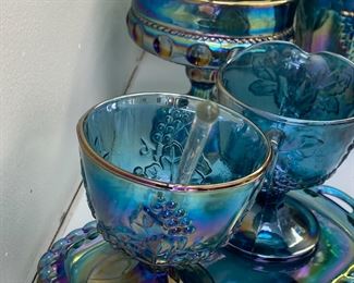1970's Blue Carnival Glass Creamer, Sugar Dish, And Tray Set