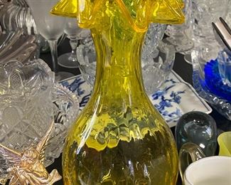 Yellow Blown Glass Vase with Crinkle Top