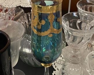 Blue Wine Glass with Gold Rim and Design