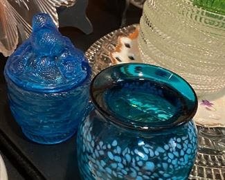 Blown Glass Vase with Swirl/Dot Design, Blue Glass Jelly Jar with Weave Design 