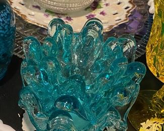 Turquoise Blown Glass Pinched Edge Candy 