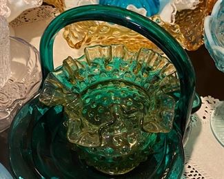 Fenton Emerald Green Blown Glass Basket, Emerald Green Glass Plate