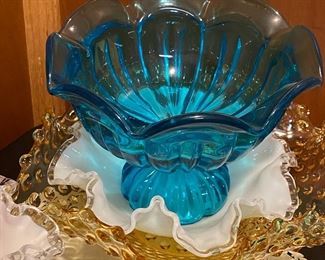 Blue Glass Ruffled Candy Dish