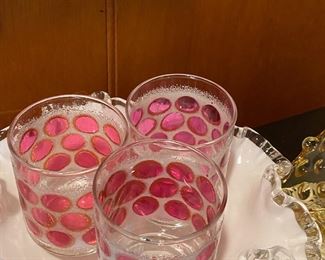 Set of 3 Libbey Concord Cranberry Pink Dotted Cocktail Glasses