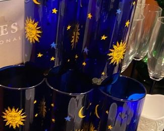 Set of Libbey Celestial Sun Moon & Stars Cobalt Blue Drinking Glasses