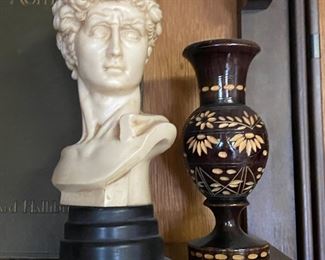 Head of David Statue, Ornately Carved Wood Vase 