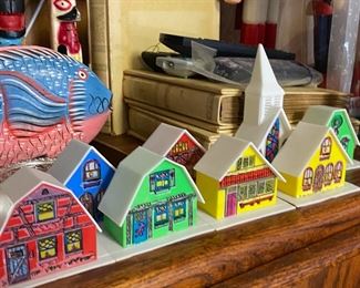 Christmas Mid Century Rustic Alpine Village Plastic Cottages and Church