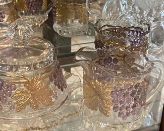 Mosser Glass with Golden Grapevine Leaves and Grapes Cheese Dish, Creamer and Sugar