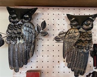 Pair of 1969 Metal Owl Wall Plaques Made in Hong Kong 