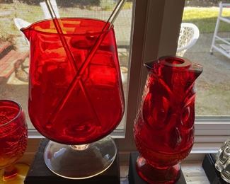 Viking Glass Ruby Red Owl  Tea Light Lamp, Red Blown Glass Pitcher/Drink Mixer
