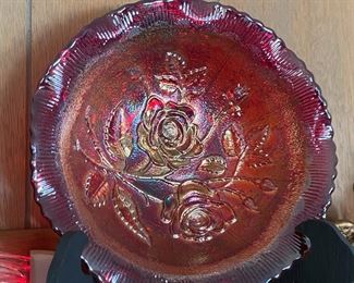 Imperial Carnival Glass Sunset Ruby Glass Rose Design with Ruffled Edge Bowl