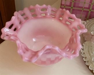 Pink Fenton Basket Weave Bowl