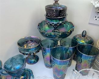 Harvest Blue Carnival Glass Raised Grape Pattern   - 4 Water Glasses, 2 Pedestal Bowls, Candy Dish with Lid