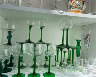 Set of Twelve Green Long Stemmed Wine Glasses