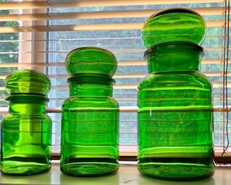 Set of Three Mid Century Green Glass Apothecary Bottle
