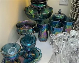 Harvest Blue Carnival Glass Raised Grape Pattern   - 4 Water Glasses, 2 Pedestal Bowls, Candy Dish with Lid