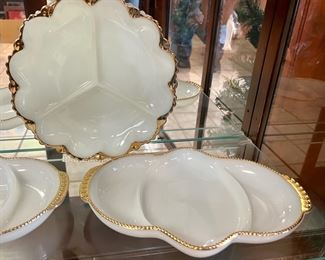 Anchor Hocking Milk Glass with Gold Trim - Divided Serving Dish, 2 Anchor Hocking Fire King Relish Platter