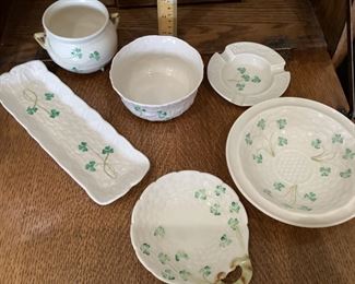 L to R: 10th mark Shamrock mint tray $18, 7th mark Shamrock open sugar $14, 10th mark Daisy & Shamrock bon-bon dish $12, 6th mark Shamrock ashtray $10, 6th mark Shamrock dish $12, 6th mark Handled dish $14