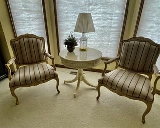 Two Cream, Pink and Brown Striped Pattern Upholstered Arm Chairs, Cream Chippendale Round Side Table