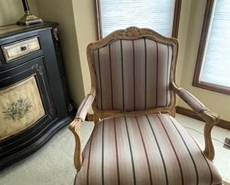 Two Cream, Pink and Brown Striped Pattern Upholstered Arm Chairs