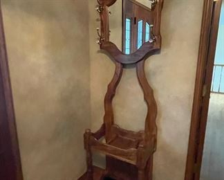 Carved Oak Wood Hall Tree & Umbrella Stand