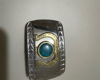 Turquoise Double Horseshoes Gold Tone Buckle