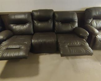 BEST CHAIRS, INC. BRAND - FAUX LEATHER - DOUBLE RECLING COUCH - $200, & 2 - FAUX LEATHER RELINING CHAIRS - $75 EACH - DARK CHOCOLATE COLOR