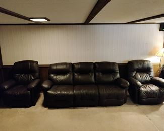 BEST CHAIRS, INC. BRAND - FAUX LEATHER - DOUBLE RECLING COUCH - $200, & 2 - FAUX LEATHER RELINING CHAIRS - $75 EACH - DARK CHOCOLATE COLOR