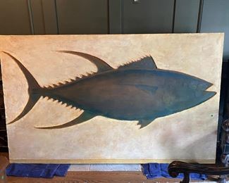 World record yellowfin tuna painted to scale. 588 lbs 12 oz length 91.25”, girth 62.25”. Caught San Benedicto Island Mexico 1977. This info  is painted along the bottom. 