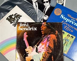 (5PC) MISC. VINYL RECORDS | Vinyl record albums, including: Jimi Hendrix - Jimi Hendrix, c. 1971, Springboard (SP-4010)
Santana's self-titled album (CS 9781) [no sleeve]
Diana Ross and the Supremes Greatest Hts
KC and the Sunshine Band Part 3 (T.K. 605)
Blues Brothers "Briefcase Full of Blues"