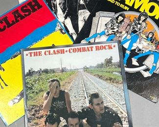 (4PC) CLASH & RAMONES | Vinyl record albums, including:
The Clash "Give Em Enough Rope"
The Clash "Combat Rock"
Ramones "Road to Ruin"
Ramones "Rocket to Russia"