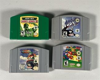 (4PC) N64 GAME CARTRIDGES | Including Super Mario 64; Wave Race 64; Army Men: Sarge's Heroes 2; and 1080 Snowboarding.