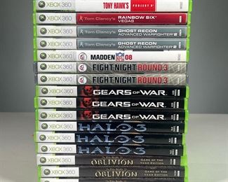 (16PC) XBOX 360 GAMES | Including Tony Hawk's Project 8; Tom Clancy‘s Rainbow Six: Vegas; two copies of Tom Clancy‘s Ghost Recon: Advanced Warfighter 2; Madden NFL 08; two copies of Fight Night: Round 3; three copies of Gears of War; three copies of Halo 3; and three copies of The Elder Scrolls IV: Oblivion; all in cases.