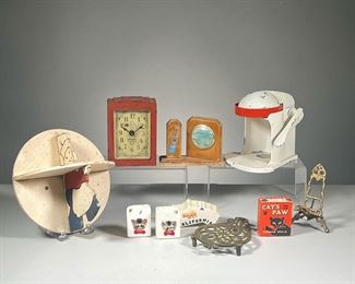 (10PC) CHEF SHELF-CLOCK & MISC. | Chef Shelf, Rival Mfg "Juicerette", Lincoln Electric Clock, Souvenir Timer on stand, Cat's Paw Rubber Heels in original box, Brass trivet, Iron Picture Stand, Ceramic CA Souvenir, Ceramic Kitten S&P - h. 8" Shelf in