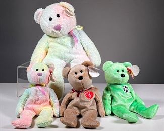 (4PC) 1999 TY BEANIE BABIES | Including "Groovy" bear and a large "Groovy" bear with ty-dye tylon shell and PE pellets (h. 13.5 in.), plus a green "Kicks" bear with 1998 date of birth and 1999 tush tag, and a 1999 Signature Bear.