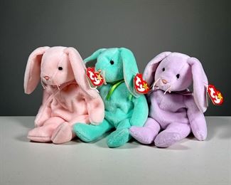 (3PC) 1996 "HIPPITY / HOPPITY / FLOPPITY" BEANIE BABIES | Easter bunny TY Beanie Babies, all with PVC pellets, including: "HIPPITY" (Teal, Style 4119); "HOPPITY" (Pink, no style number); and "FLOPPITY" (Lavender, Style 4118).