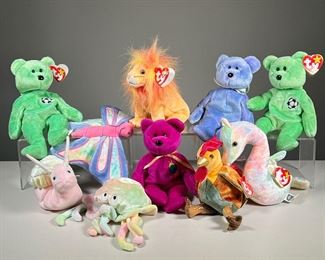 (10PC) COLORFUL 1999/2000 BEANIE BABIES | Includes: Swirly, Bushy, Flitter, Neon, Rooster (from the TY Zodiac Collection), Goochy, Clubby II, Millennium, and two "Kicks" bears.