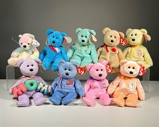(9PC) BEANIE BABY BEARS | 2000s TY Beanie Babies, including:
"Eggs 2005" bear with 2004 tush tag and "DATE OF BIRTH: March 31, 2004" on swing tag
2000 "Ariel" blue AIDS memorial bear for the beneift of The Elizabeth Glaser Pediatric AIDS Foundation in memory of Ariel Glaser, no birth date in swing tag
2000 "Eggs" pink Easter bear
2000 "Mellow" curly tie-dye bear
2001 "America" bear for the beneift of the Disaster Relief Fund of the American Red Cross, no birth date in swing tag
2001 "Dearest" light pink Easter bear
2001 "Addison" curly blue baseball bear
2004 "Big Apple" New York bear
2004 "Mom" purple Mother's Day bear [peeling to "MOM" lettering"