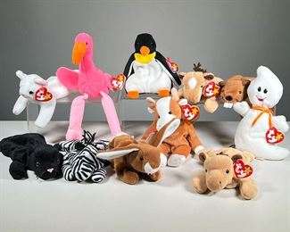 (11PC) 1995 BEANIE BABIES | TY Beanie Babies, including two Derby horses (one with white spot, one with NO spot), Spooky, Ziggy, Bessie, Flip, Pinky, Velvet, Ears, Bucky, and Waddle.